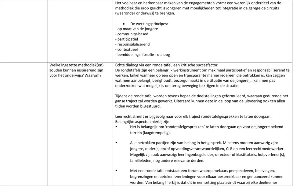 De werkingsprincipes: - op maat van de jongere - community-based - participatief - responsabiliserend - contextueel - bemiddelingsfilosofie - dialoog Welke ingezette methodiek(en) zouden kunnen