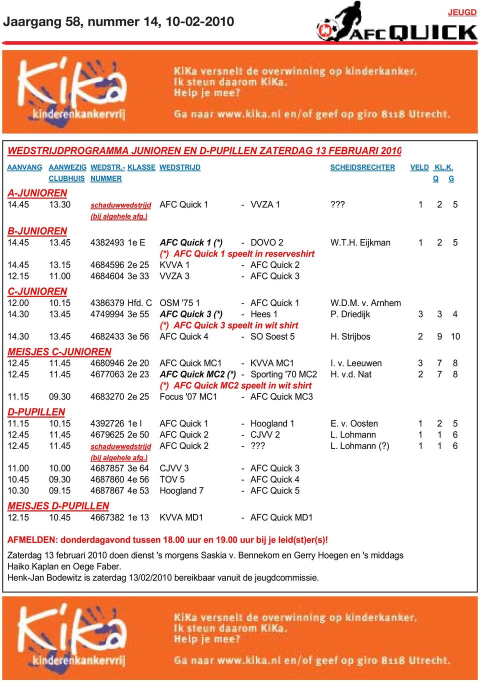 C OSM '75 1 - AFC Quick 1 W.D.M. v. Arnhem 14.30 13.45 4749994 3e 55 AFC Quick 3 (*) - Hees 1 P. Driedijk 3 3 4 (*) AFC Quick 3 speelt in wit shirt 14.30 13.45 4682433 3e 56 AFC Quick 4 - SO Soest 5 H.