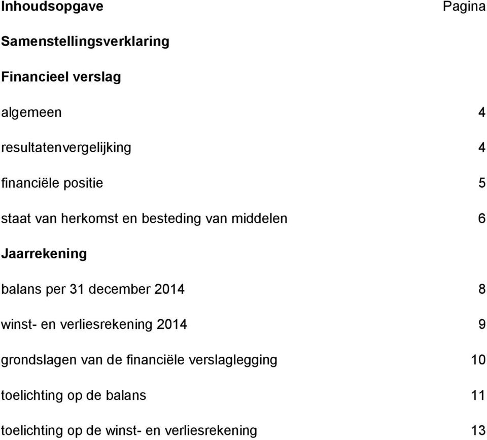 6 Jaarrekening balans per 31 december 2014 8 winst- en verliesrekening 2014 9 grondslagen