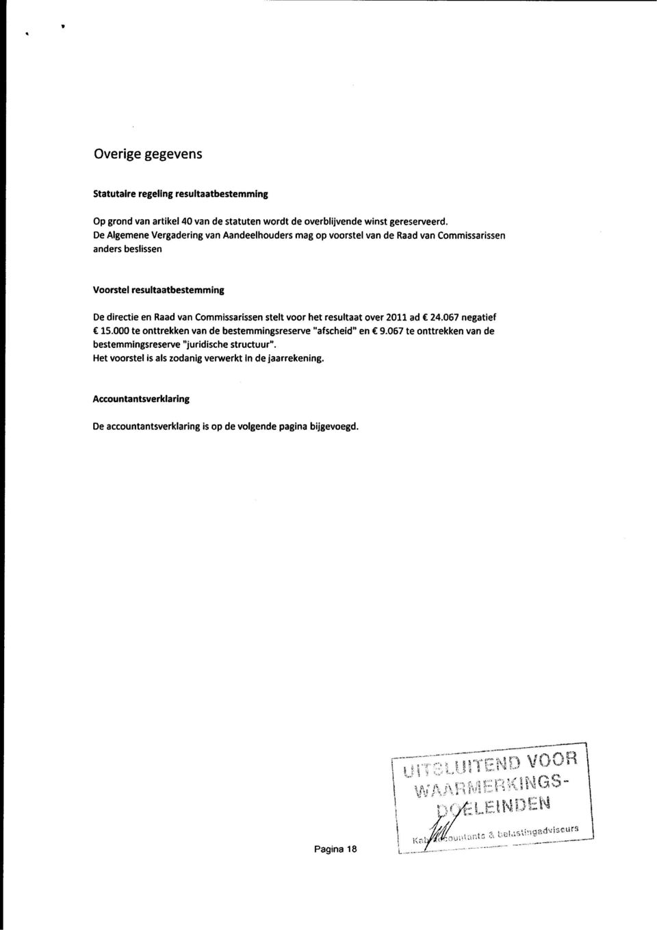 Commissarissen stelt voor het resultaat over 2011 ad 24.067 negatief 15.000 te onttrekken van de bestemmingsreserve "afscheid" en 9.