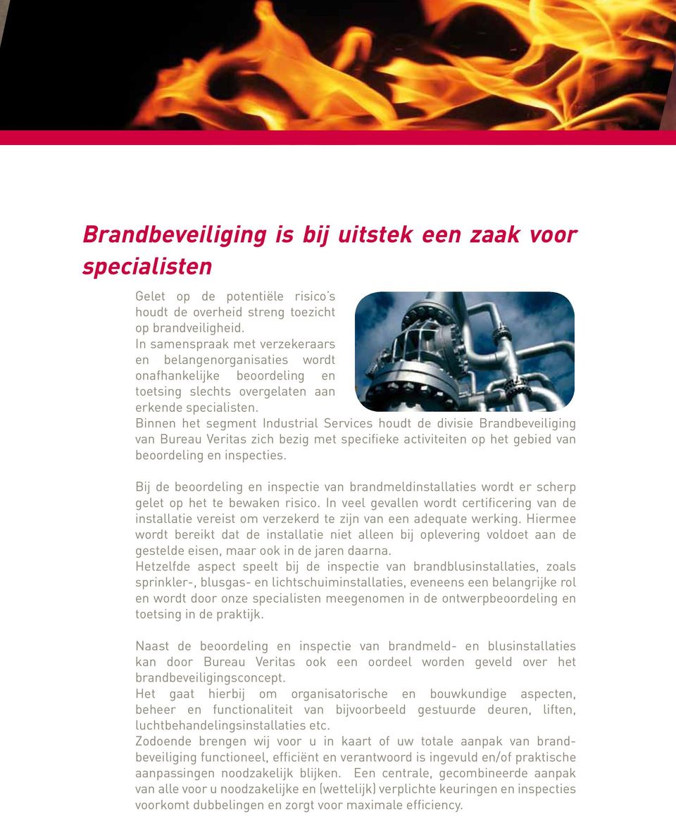 Binnen het segment Industrial Services houdt de divisie Brandbeveiliging van Bureau Veritas zich bezig met specifieke activiteiten op het gebied van beoordeling en inspecties.