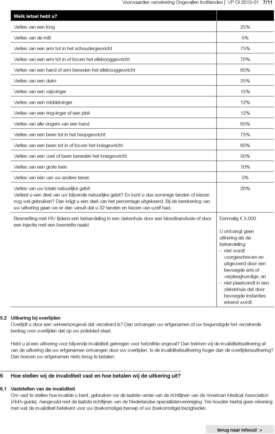 het ellebooggewricht 65% Verlies van een duim 25% Verlies van een wijsvinger 15% Verlies van een middelvinger 12% Verlies van een ringvinger of een pink 12% Verlies van alle vingers van een hand 65%