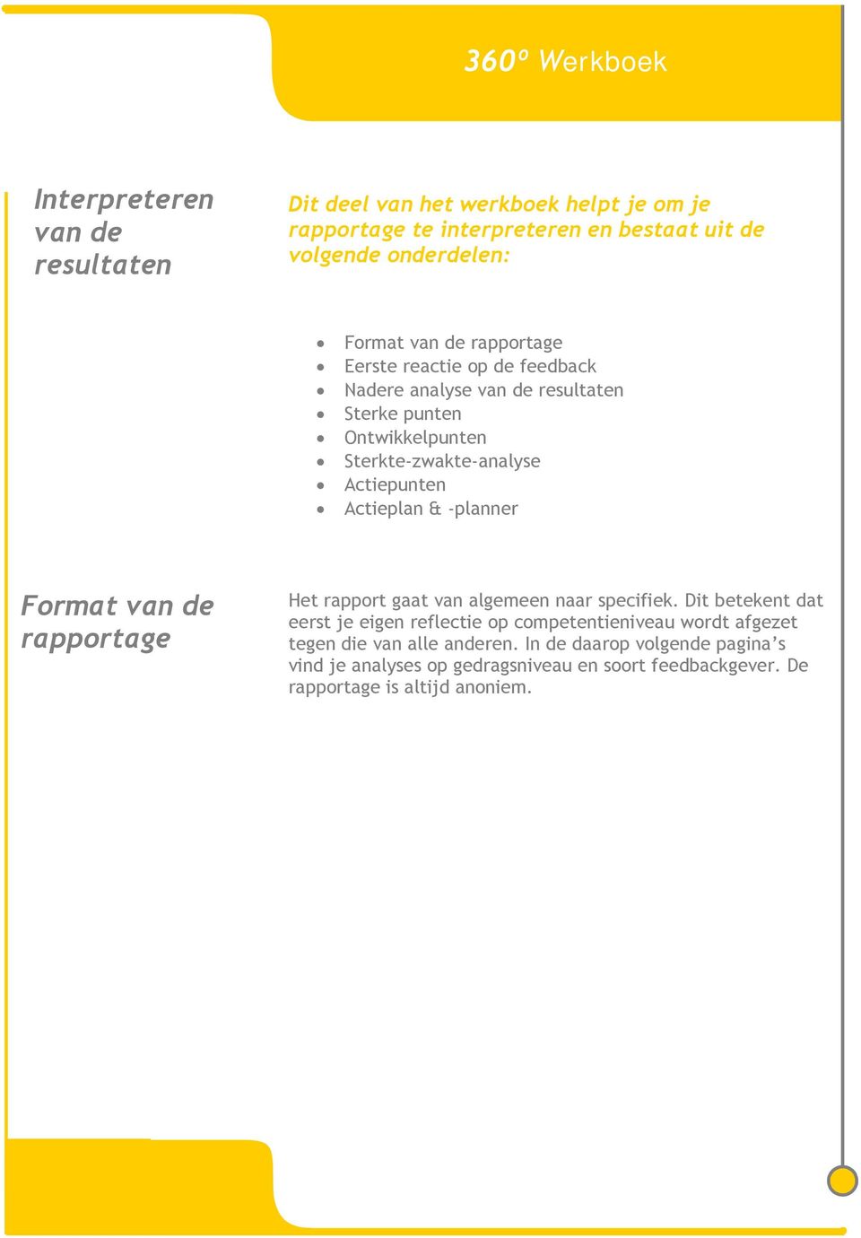 Actieplan & -planner Format van de rapportage Het rapport gaat van algemeen naar specifiek.