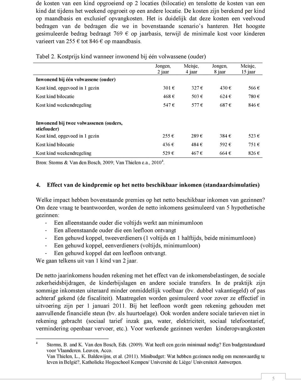 Het hoogste gesimuleerde bedrag bedraagt 769 op jaarbasis, terwijl de minimale kost voor kinderen varieert van 255 tot 846 op maandbasis. Tabel 2.