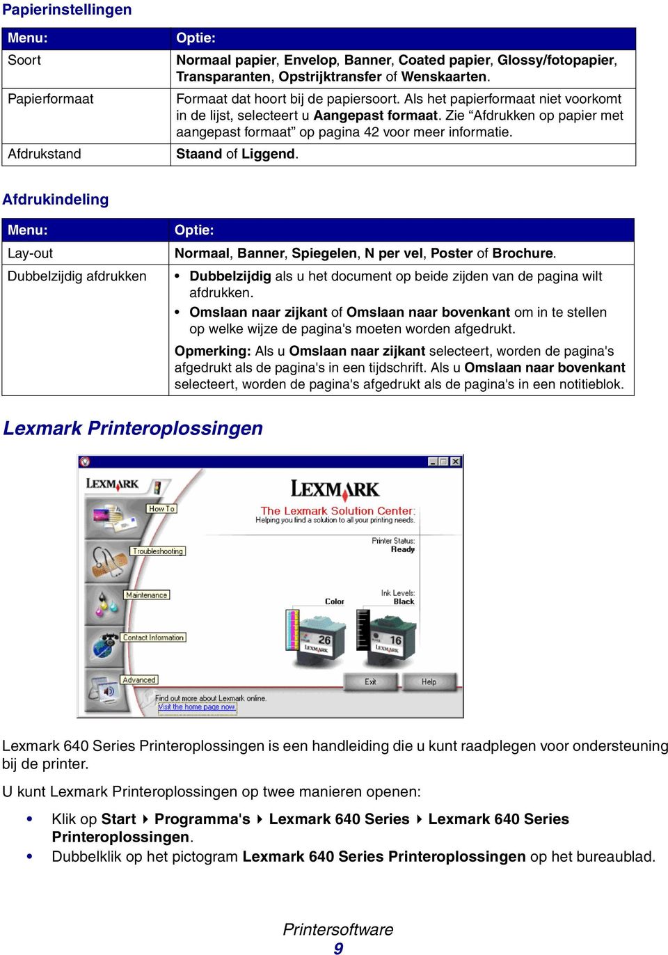 Afdrukindeling Menu: Ly-out Duelzijdig fdrukken Optie: Norml, Bnner, Spiegelen, N per vel, Poster of Brochure. Duelzijdig ls u het document op eide zijden vn de pgin wilt fdrukken.