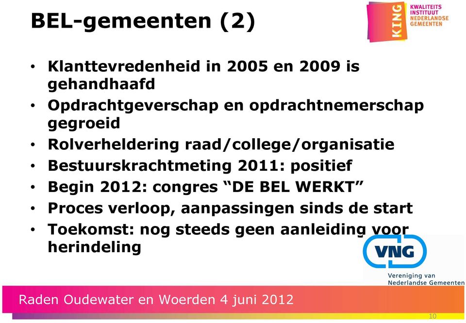 raad/college/organisatie Bestuurskrachtmeting 2011: positief Begin 2012: congres