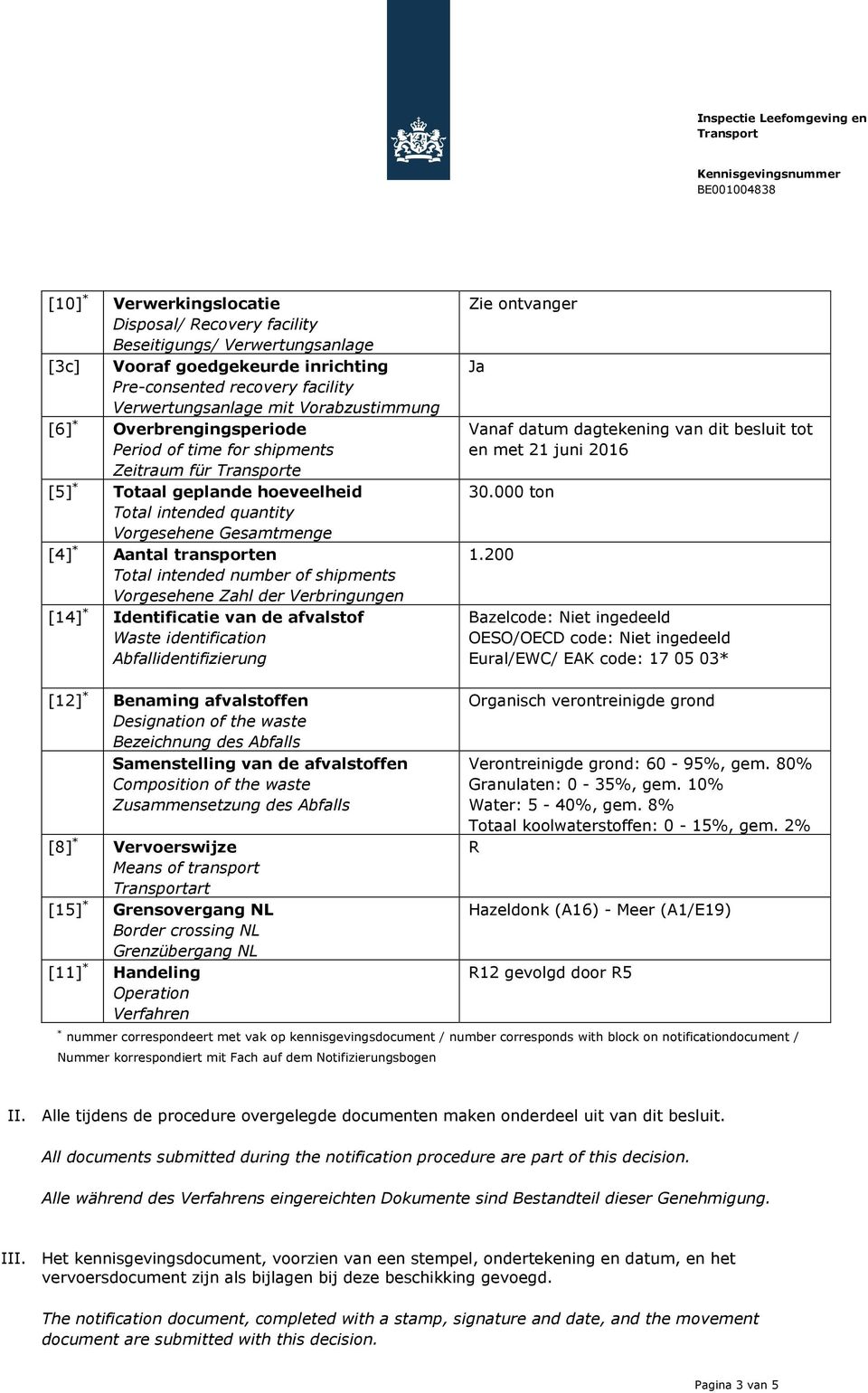 shipments Vorgesehene Zahl der Verbringungen [14] * Identificatie van de afvalstof Waste identification Abfallidentifizierung Zie ontvanger Ja Vanaf datum dagtekening van dit besluit tot en met 21