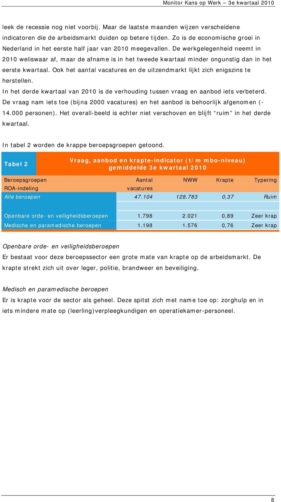 De werkgelegenheid neemt in 2010 weliswaar af, maar de afname is in het tweede kwartaal minder ongunstig dan in het eerste kwartaal.