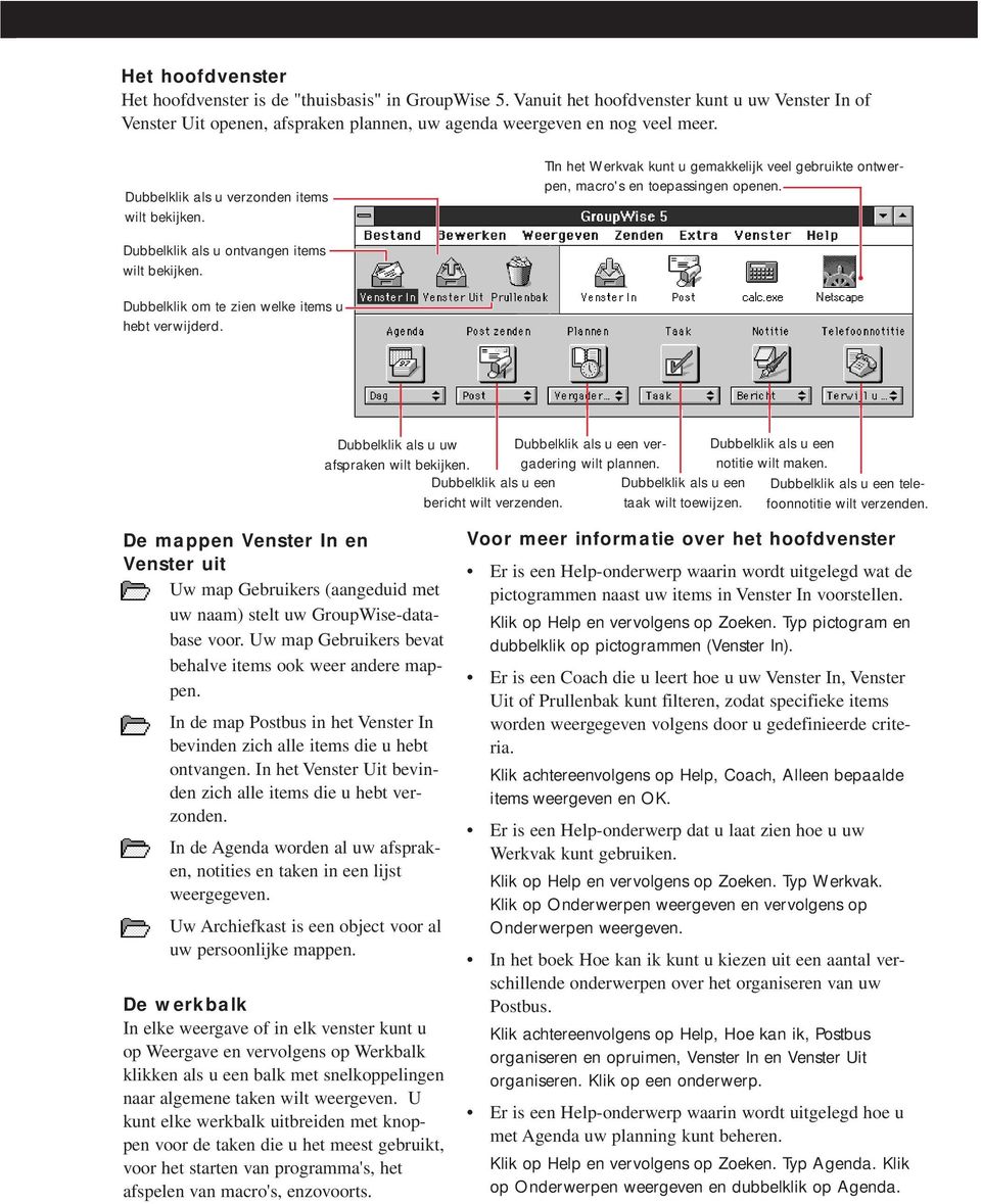 Dubbelklik om te zien welke items u hebt verwijderd. Dubbelklik als u uw afspraken wilt bekijken. Dubbelklik als u een bericht wilt verzenden. Dubbelklik als u een vergadering wilt plannen.