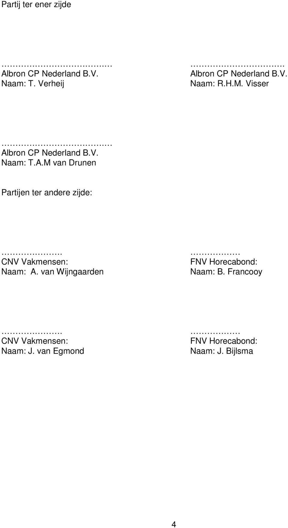 CNV Vakmensen: Naam: A. van Wijngaarden FNV Horecabond: Naam: B.
