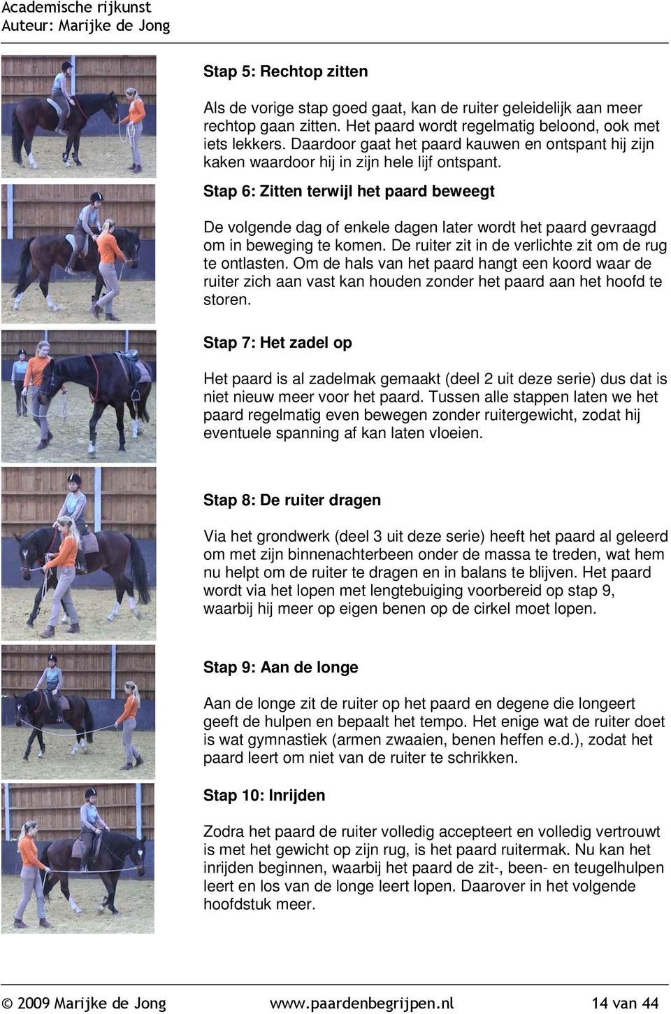 Stap 6: Zitten terwijl het paard beweegt De volgende dag of enkele dagen later wordt het paard gevraagd om in beweging te komen. De ruiter zit in de verlichte zit om de rug te ontlasten.