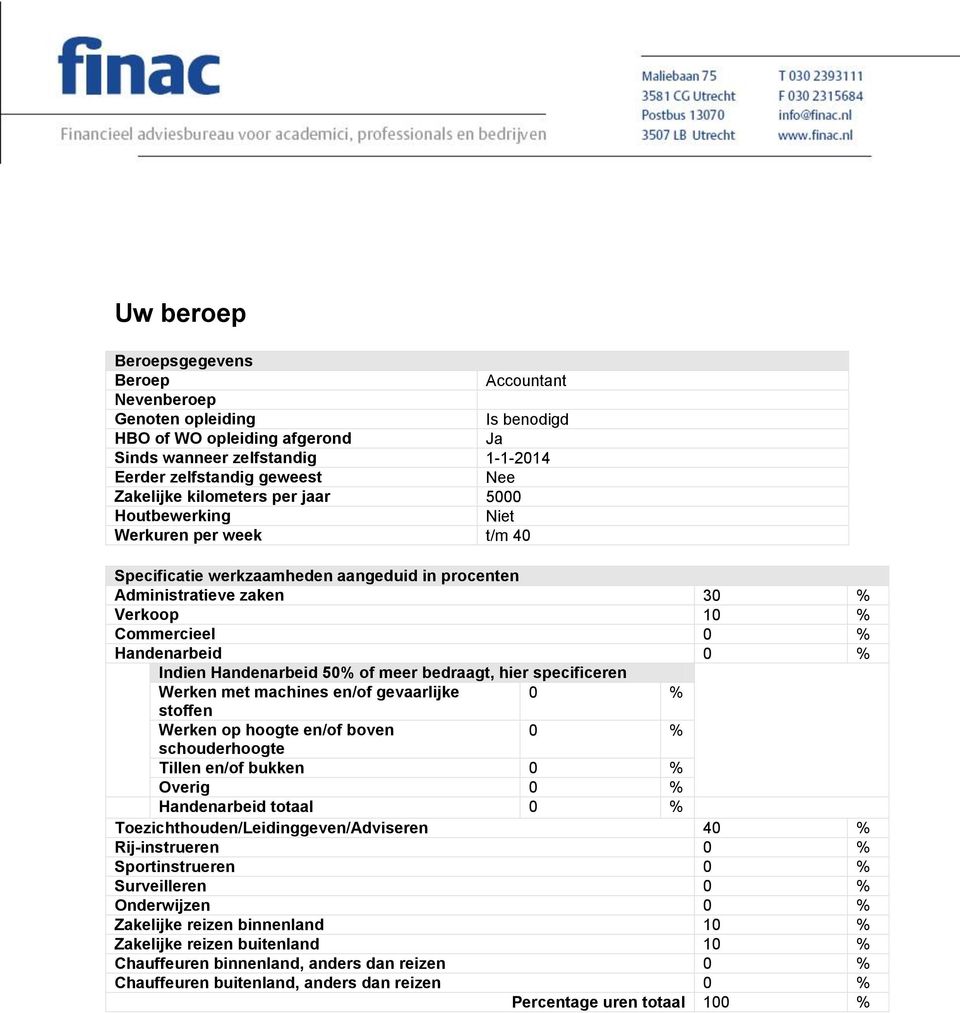 Handenarbeid 50% of meer bedraagt, hier specificeren Werken met machines en/of gevaarlijke 0 % stoffen Werken op hoogte en/of boven 0 % schouderhoogte Tillen en/of bukken 0 % Overig 0 % Handenarbeid