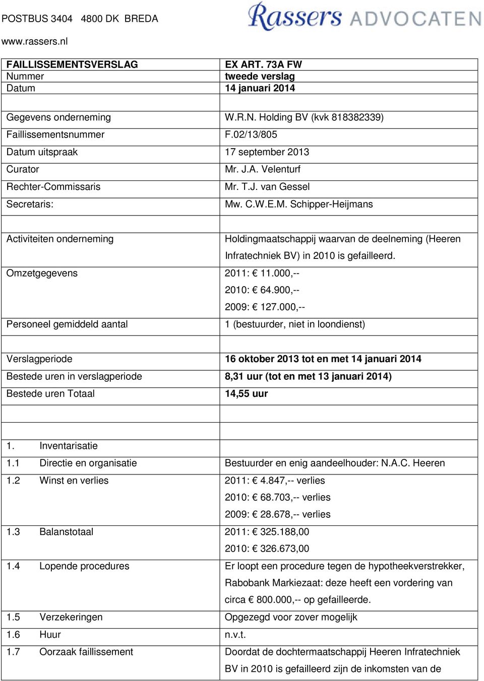 Omzetgegevens 2011: 11.000,-- 2010: 64.900,-- 2009: 127.