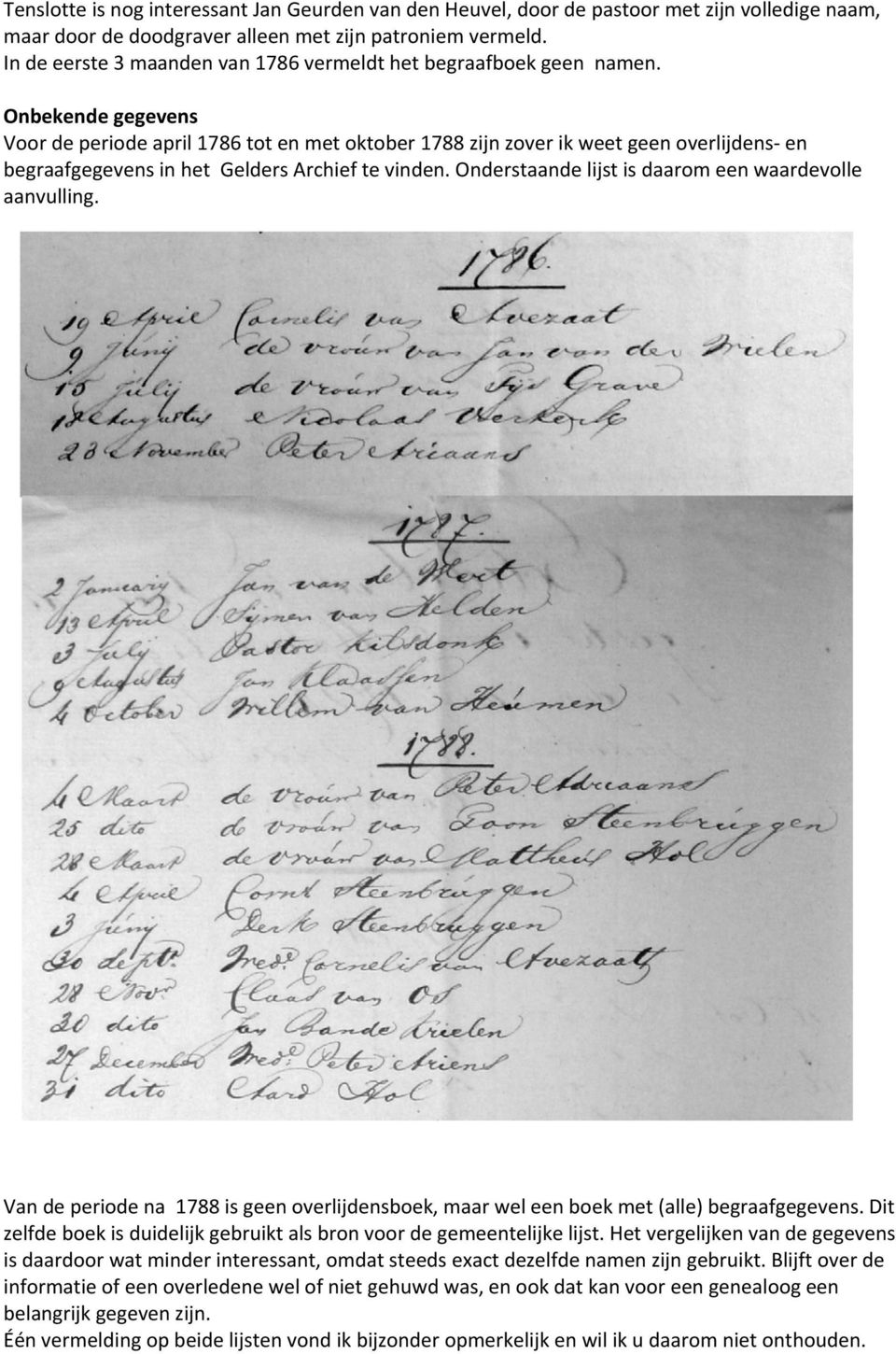 Onbekende gegevens Voor de periode april 1786 tot en met oktober 1788 zijn zover ik weet geen overlijdens en begraafgegevens in het Gelders Archief te vinden.