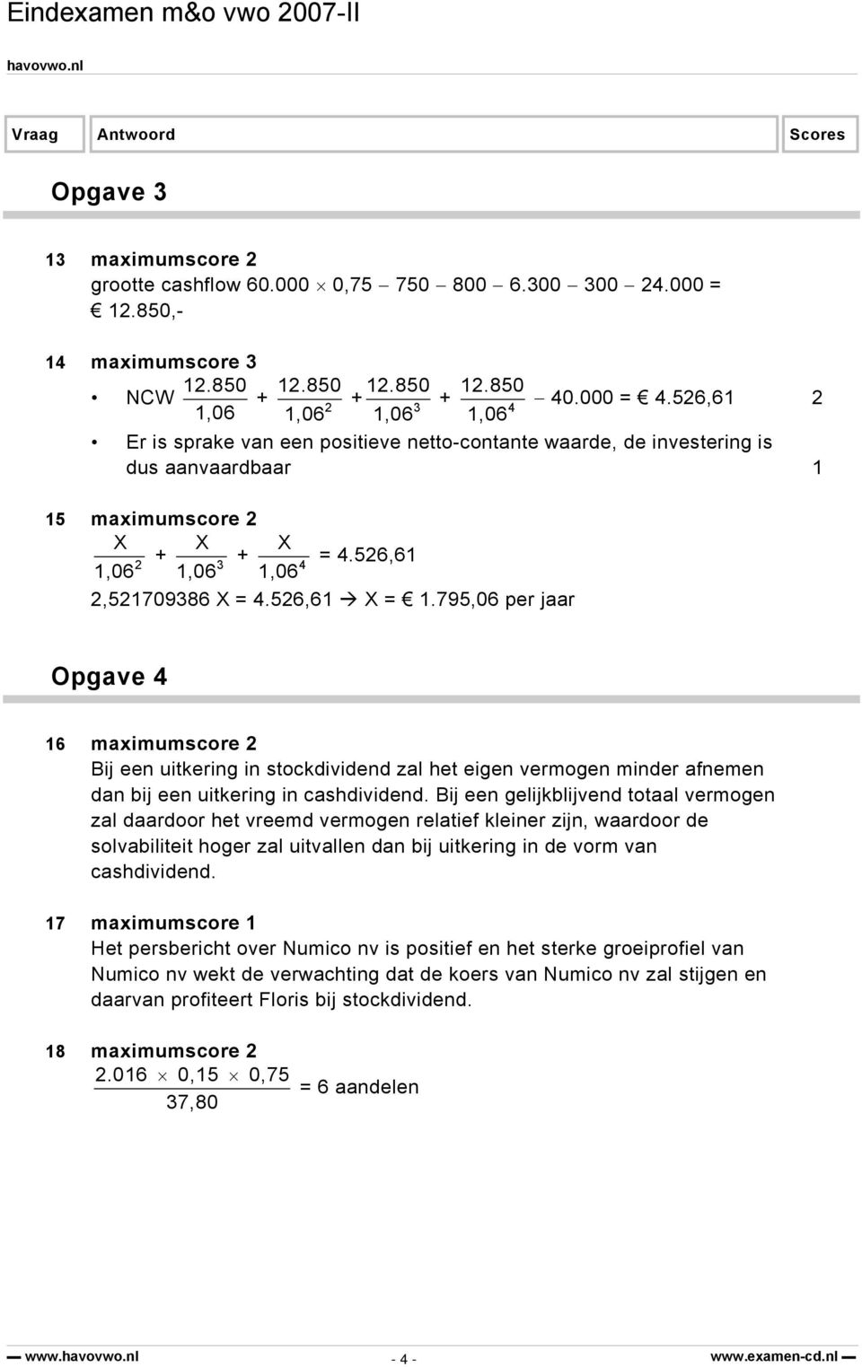 795,06 per jaar Opgave 4 16 maximumscore Bij een uitkering in stockdividend zal het eigen vermogen minder afnemen dan bij een uitkering in cashdividend.