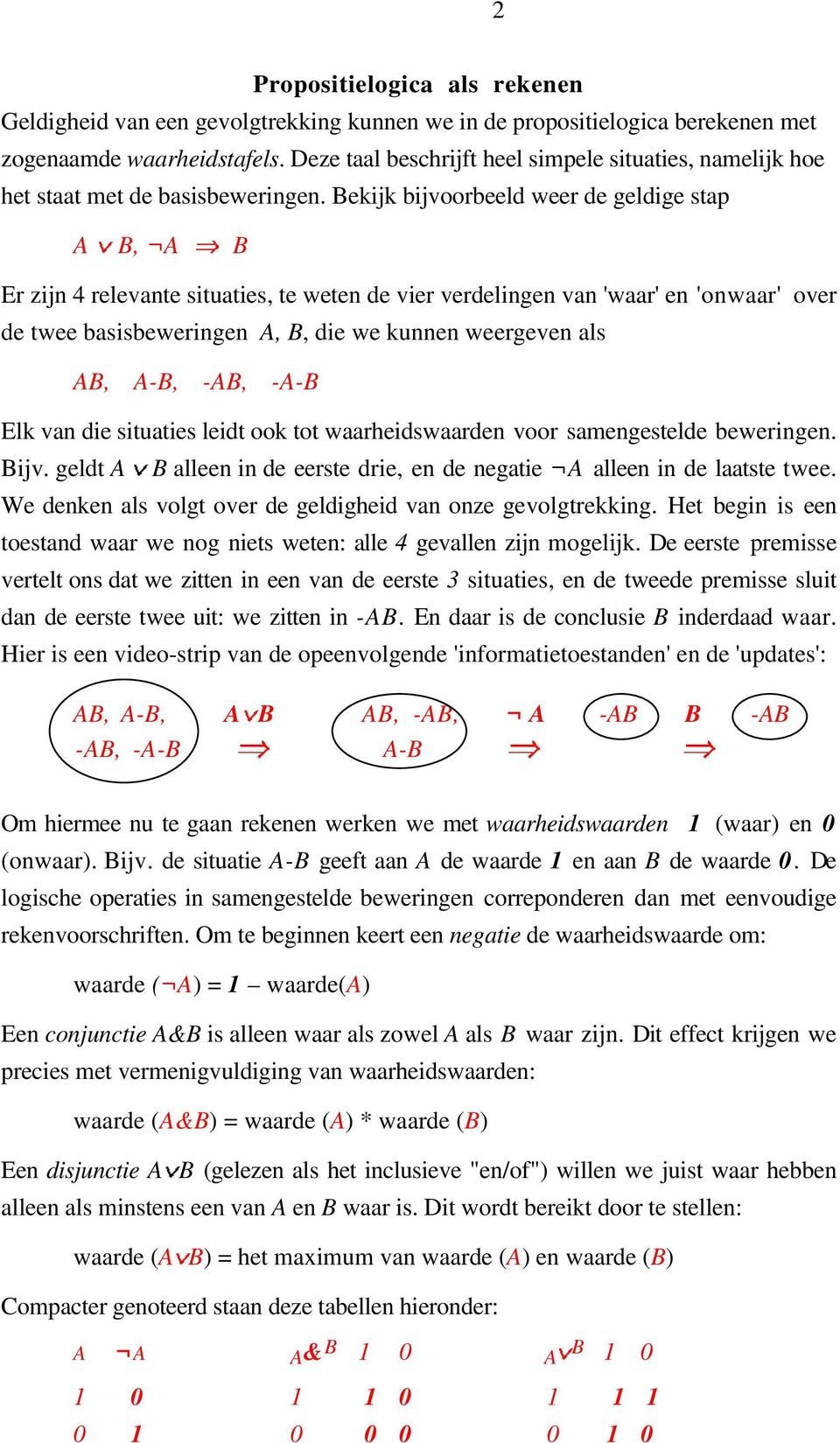 Bekijk bijvoorbeeld weer de geldige stap A B, A B Er zijn 4 relevante situaties, te weten de vier verdelingen van 'waar' en 'onwaar' over de twee basisbeweringen A, B, die we kunnen weergeven als AB,