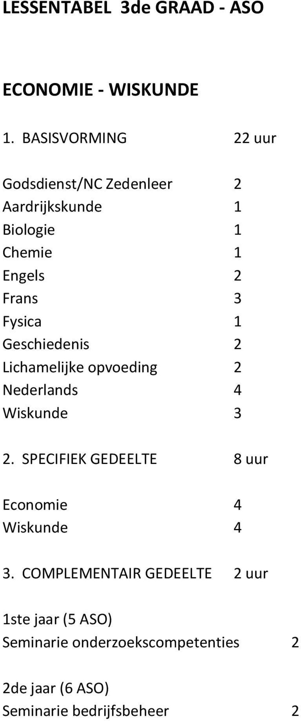 SPECIFIEK GEDEELTE 8 uur Economie 4 Wiskunde 4 3.