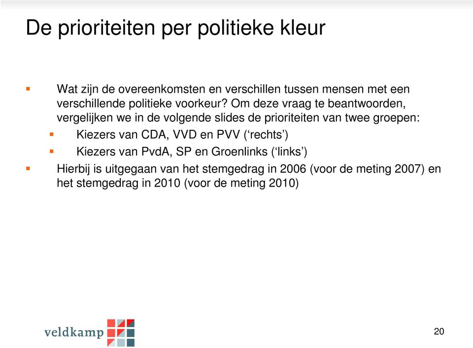 Om deze vraag te beantwoorden, vergelijken we in de volgende slides de prioriteiten van twee groepen: Kiezers