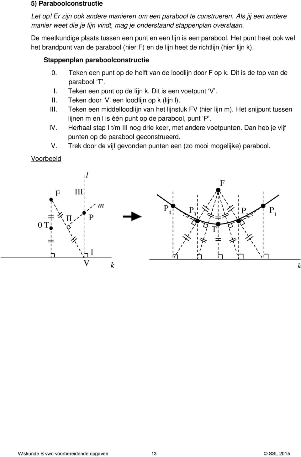 Teken een punt op de helft vn de loodlijn door F op k. Dit is de top vn de prbool T.. I. Teken een punt op de lijn k. Dit is een voetpunt V. II. Teken door V een loodlijn op k (lijn l). III.