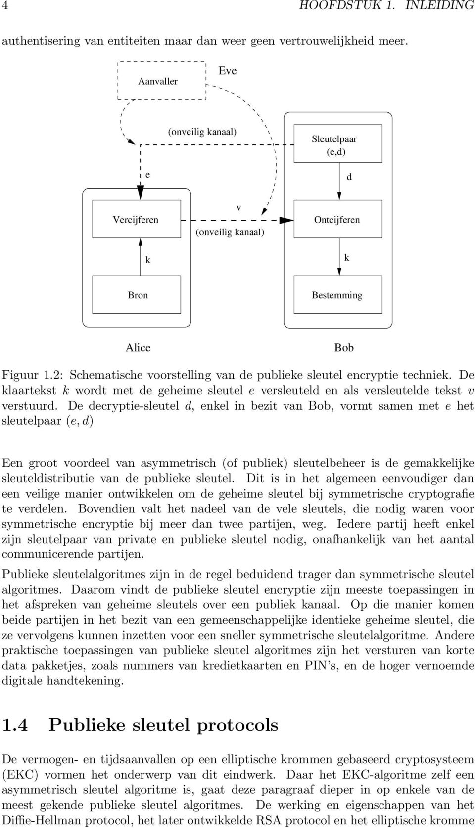 2: Schematische voorstelling van de publieke sleutel encryptie techniek. De klaartekst k wordt met de geheime sleutel e versleuteld en als versleutelde tekst v verstuurd.