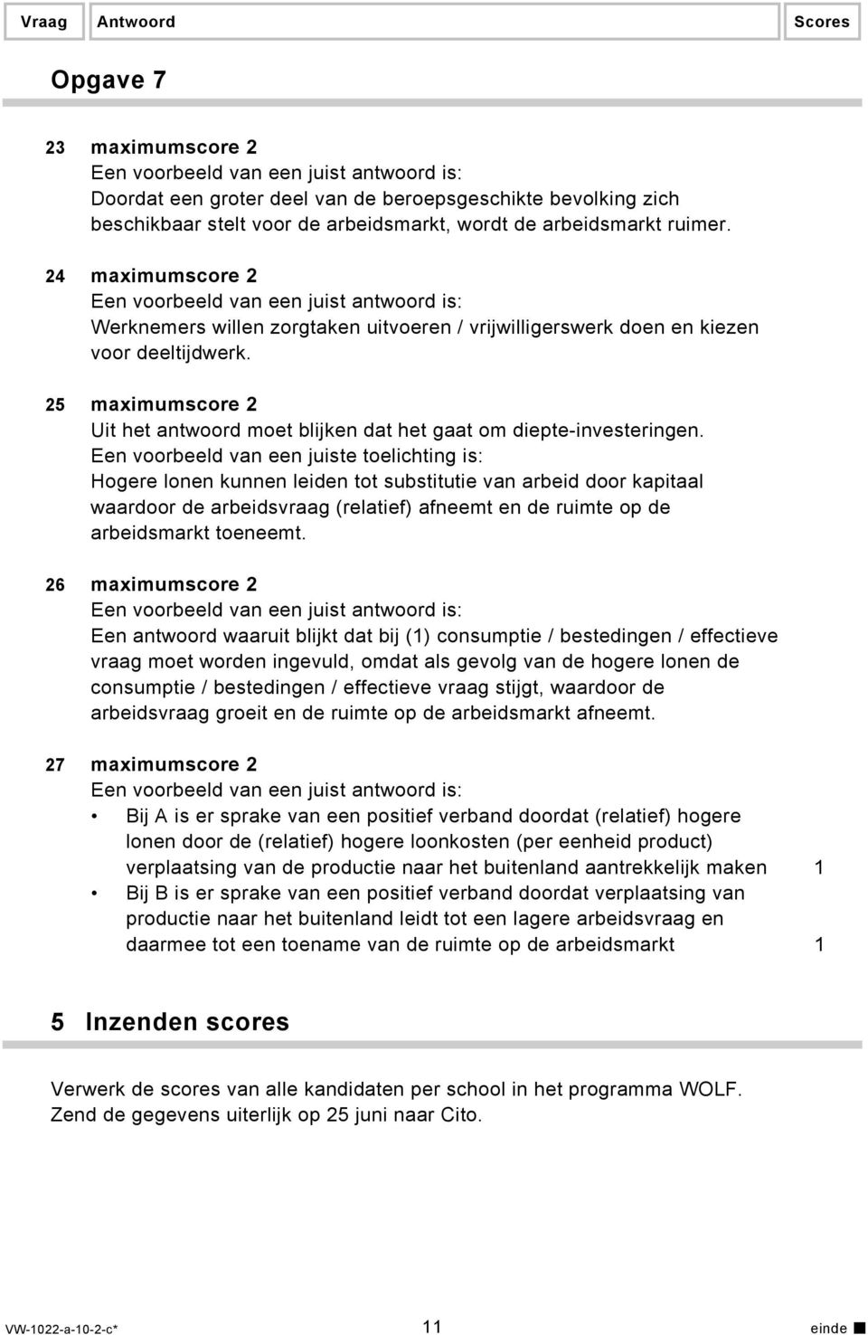 Een voorbeeld van een juiste toelichting is: Hogere lonen kunnen leiden tot substitutie van arbeid door kapitaal waardoor de arbeidsvraag (relatief) afneemt en de ruimte op de arbeidsmarkt toeneemt.