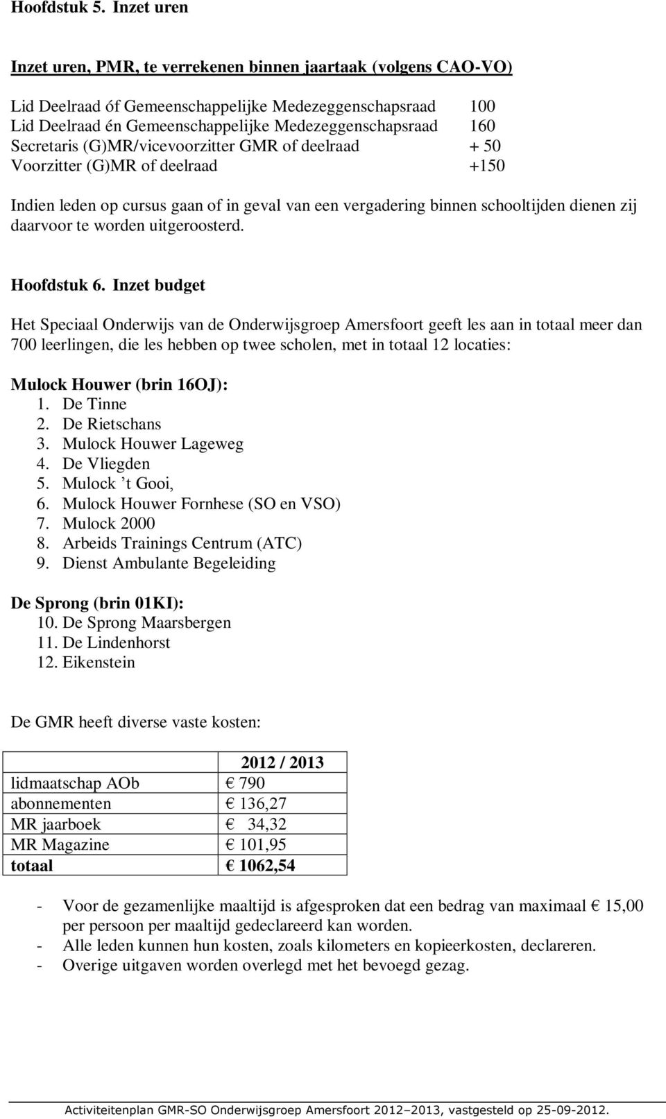 Secretaris (G)MR/vicevoorzitter GMR of deelraad + 50 Voorzitter (G)MR of deelraad +150 Indien leden op cursus gaan of in geval van een vergadering binnen schooltijden dienen zij daarvoor te worden