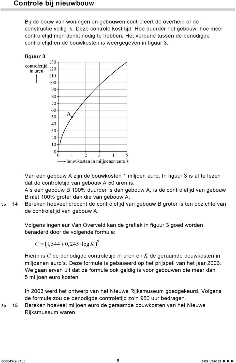 figuur 3 controletijd in uren 130 120 110 100 90 80 70 60 50 40 30 20 10 0 0 A 1 2 3 4 5 bouwkosten in miljoenen euro s Van een gebouw A zijn de bouwkosten 1 miljoen euro.