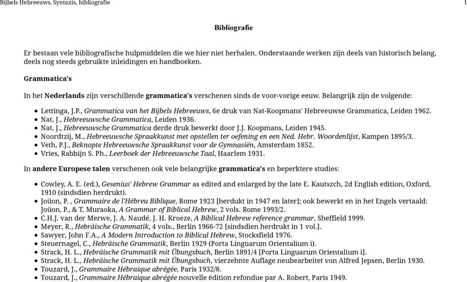 Grammatica's In het Nederlands zijn verschillende grammatica's verschenen sinds de voor-vorige eeuw. Belangrijk zijn de volgende: Lettinga, J.P.