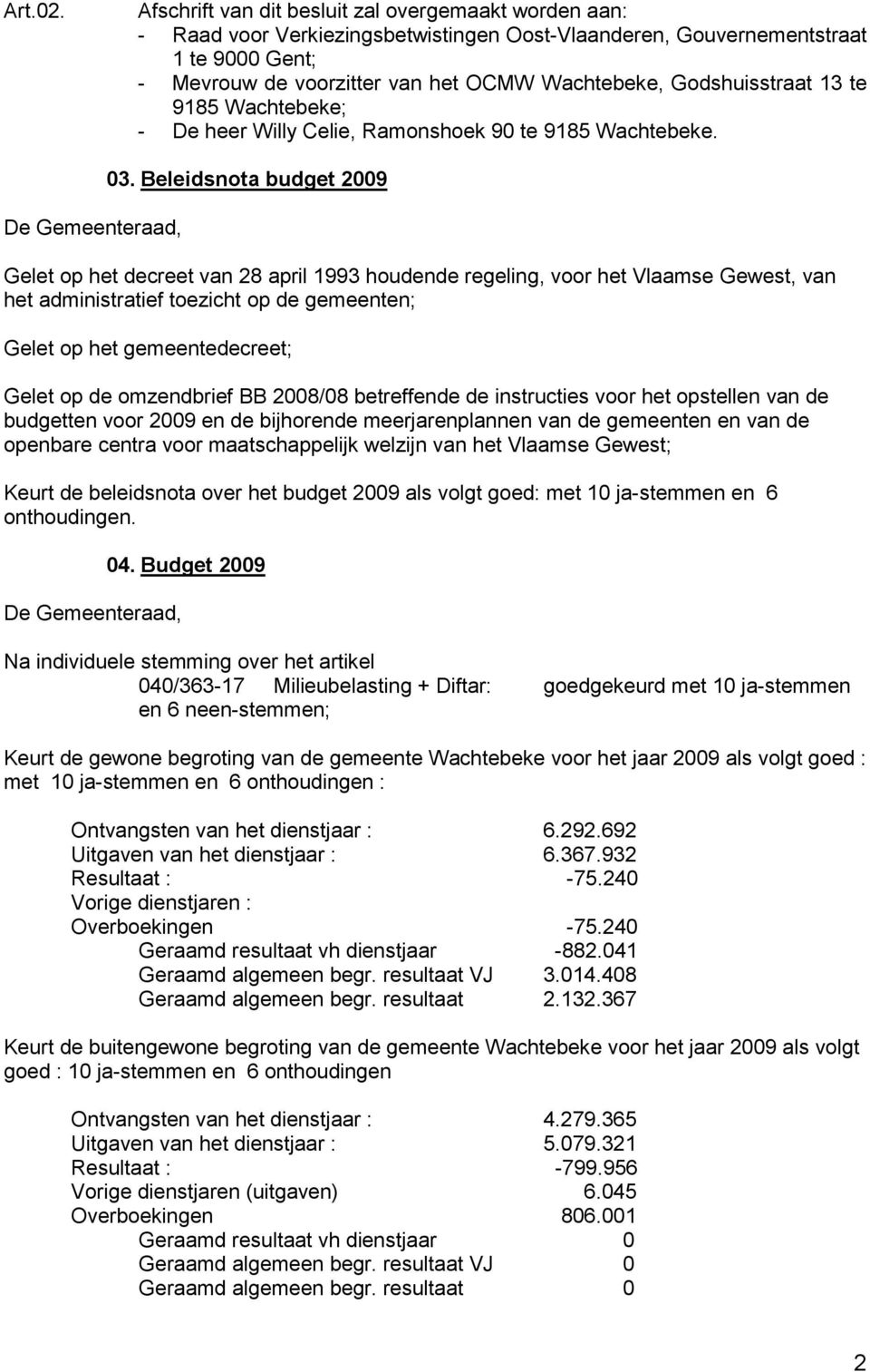 Godshuisstraat 13 te 9185 Wachtebeke; - De heer Willy Celie, Ramonshoek 90 te 9185 Wachtebeke. 03.