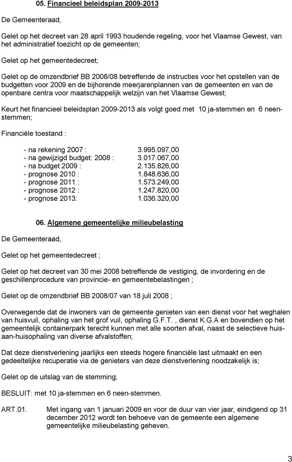 maatschappelijk welzijn van het Vlaamse Gewest; Keurt het financieel beleidsplan 2009-2013 als volgt goed met 10 ja-stemmen en 6 neenstemmen; Financiële toestand : - na rekening 2007 : 3.995.