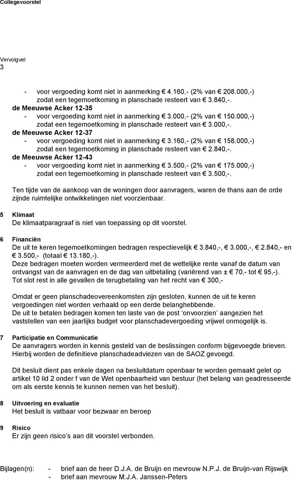 000,-) zodat een tegemoetkoming in planschade resteert van 2.840,-. de Meeuwse Acker 12-43 - voor vergoeding komt niet in aanmerking 3.500,- (2% van 175.