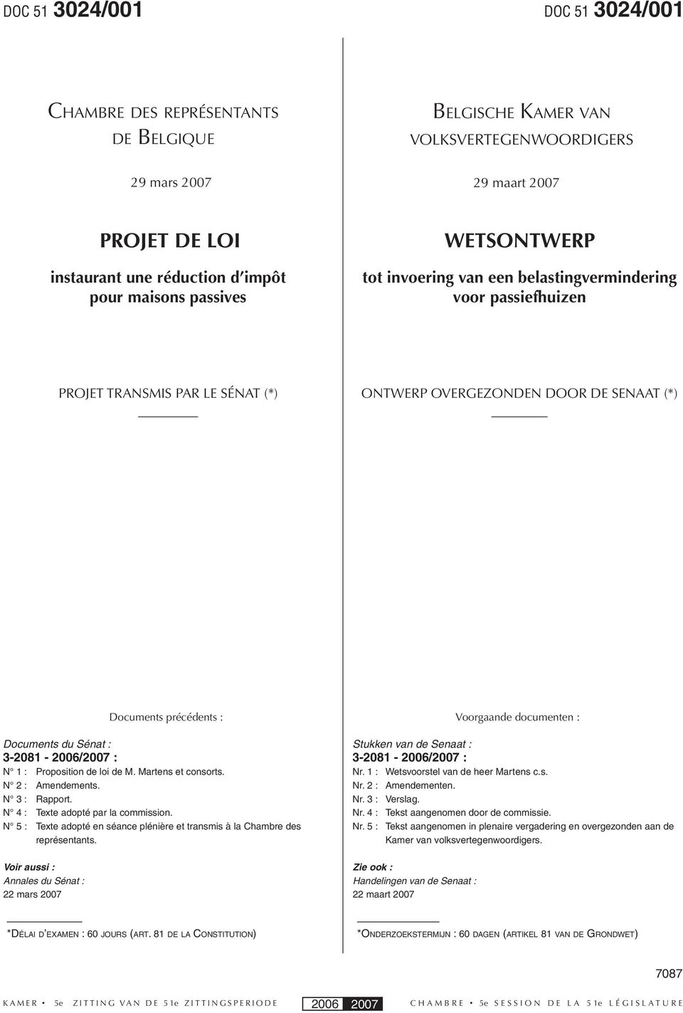 : 3-2081 - 2006/2007 : N 1 : Proposition de loi de M. Martens et consorts. N 2 : Amendements. N 3 : Rapport. N 4 : Texte adopté par la commission.