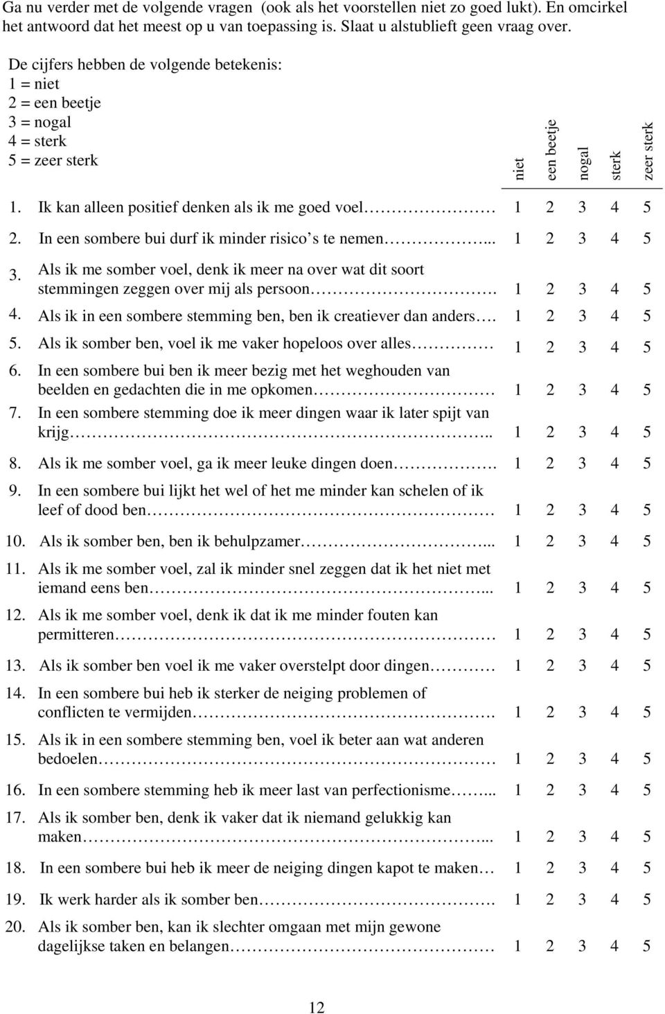 Ik kan alleen positief denken als ik me goed voel 1 2 3 4 5 2. In een sombere bui durf ik minder risico s te nemen... 1 2 3 4 5 3.