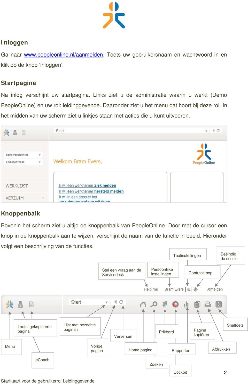 In het midden van uw scherm ziet u linkjes staan met acties die u kunt uitvoeren. Knoppenbalk Bovenin het scherm ziet u altijd de knoppenbalk van PeopleOnline.