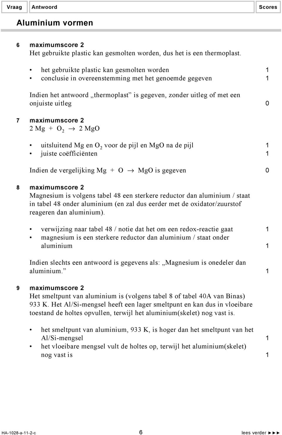 maximumscore 2 2 Mg + O 2 2 MgO uitsluitend Mg en O 2 voor de pijl en MgO na de pijl 1 juiste coëfficiënten 1 Indien de vergelijking Mg + O MgO is gegeven 0 8 maximumscore 2 Magnesium is volgens