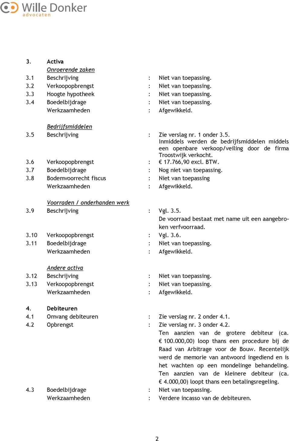 766,90 excl. BTW. 3.7 Boedelbijdrage : Nog niet van toepassing. 3.8 Bodemvoorrecht fiscus : Niet van toepassing Voorraden / onderhanden werk 3.9 Beschrijving : Vgl. 3.5.