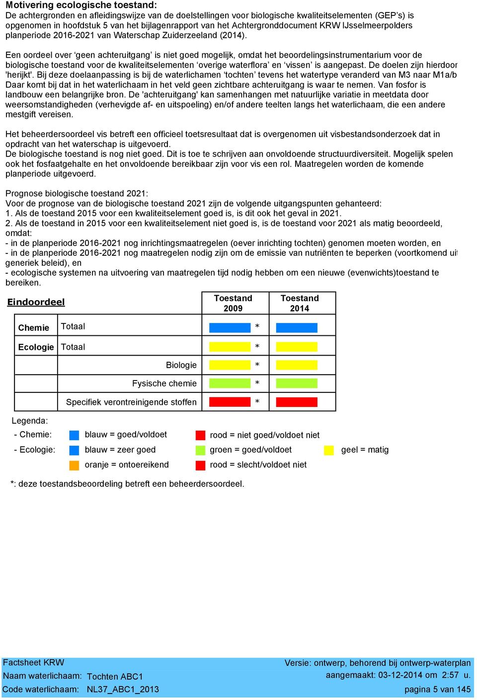 Een oordeel over geen achteruitgang is niet mogelijk, omdat het beoordelingsinstrumentarium voor de biologische toestand voor de kwaliteitselementen overige waterflora en vissen is aangepast.