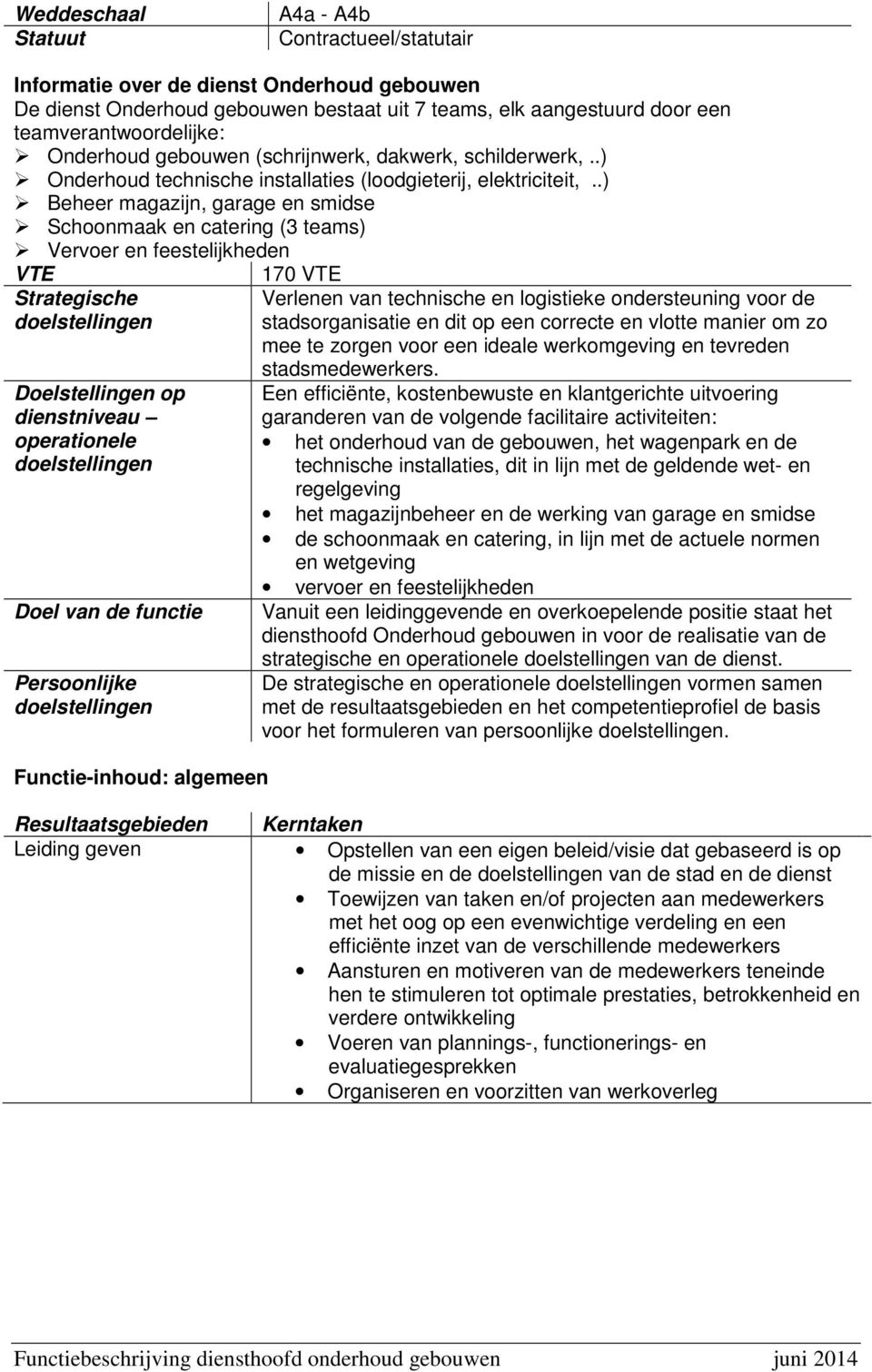 .) Beheer magazijn, garage en smidse Schoonmaak en catering (3 teams) Vervoer en feestelijkheden VTE Strategische doelstellingen Doelstellingen op dienstniveau operationele doelstellingen Doel van de