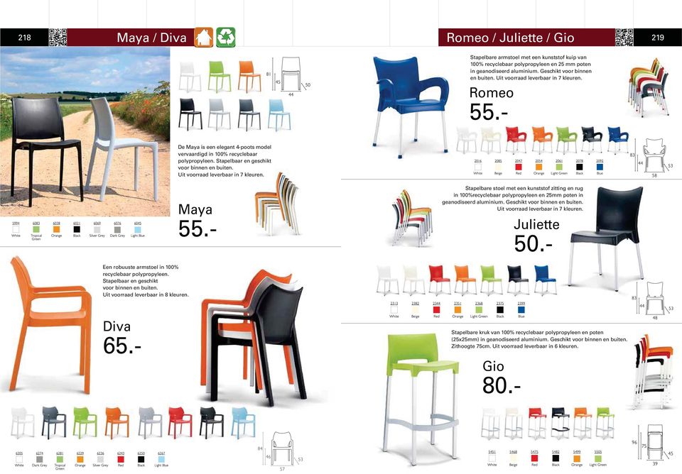 Uit voorraad leverbaar in 7 kleuren. Maya 55.- Stapelbare stoel met een kunststof zitting en rug in 100%recyclebaar polypropyleen en 25mm poten in geanodiseerd aluminium.