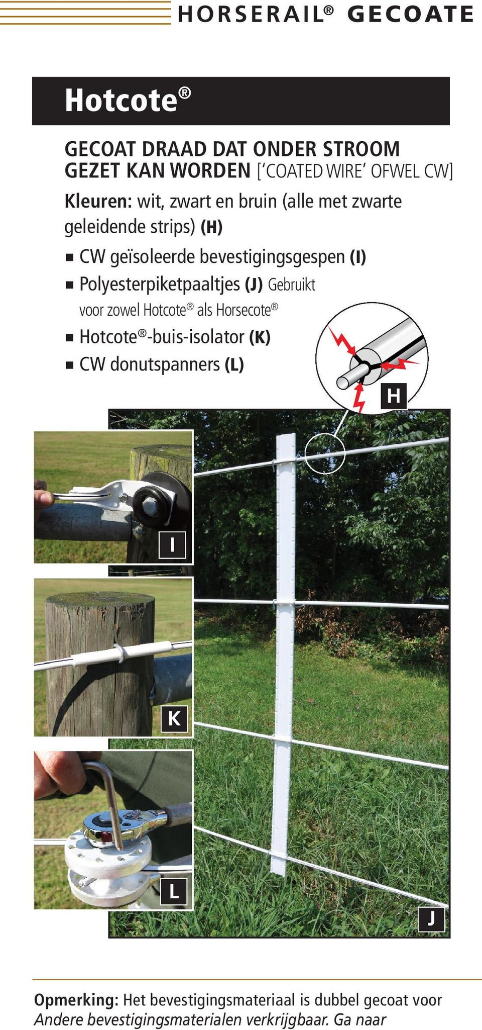 Polyesterpiketpaaltjes (J) Gebruikt voor zowel Hotcote als Horsecote Hotcote -buis-isolator (K) CW donutspanners