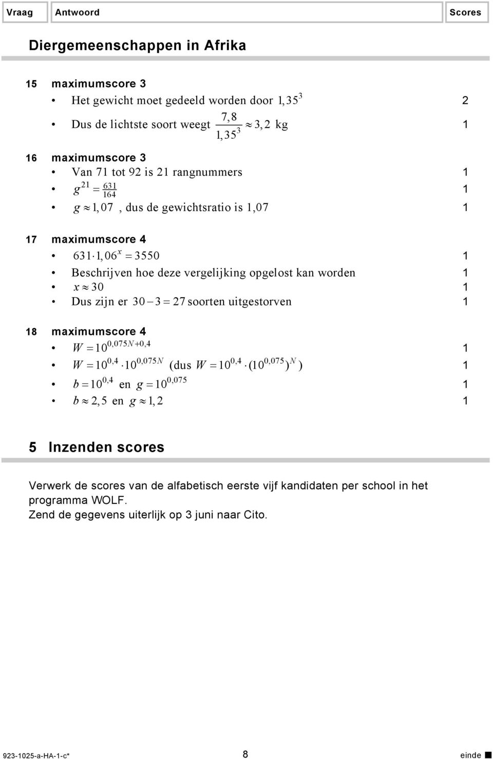 er 30 3 = 7 soorten uitgestorven 8 maximumscore 4 0,075N + 0,4 W = 0 0,4 0,075N 0,4 0,075 W = 0 0 (dus W = 0 (0 ) N ) 0,4 0,075 b = 0 en g = 0 b,5 en g, 5 Inzenden scores