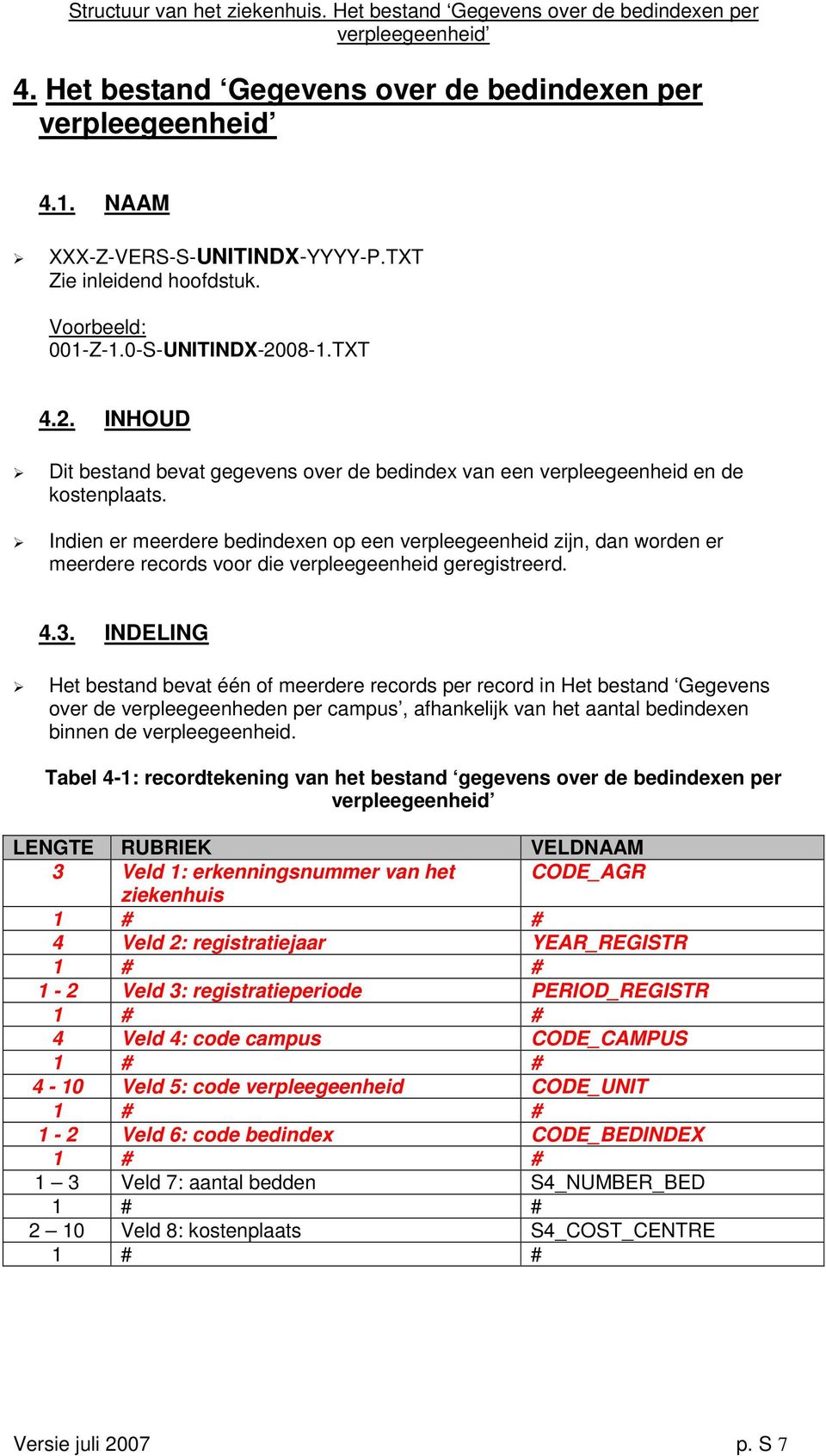 Indien er meerdere bedindexen op een verpleegeenheid zijn, dan worden er meerdere records voor die verpleegeenheid geregistreerd. 4.3.