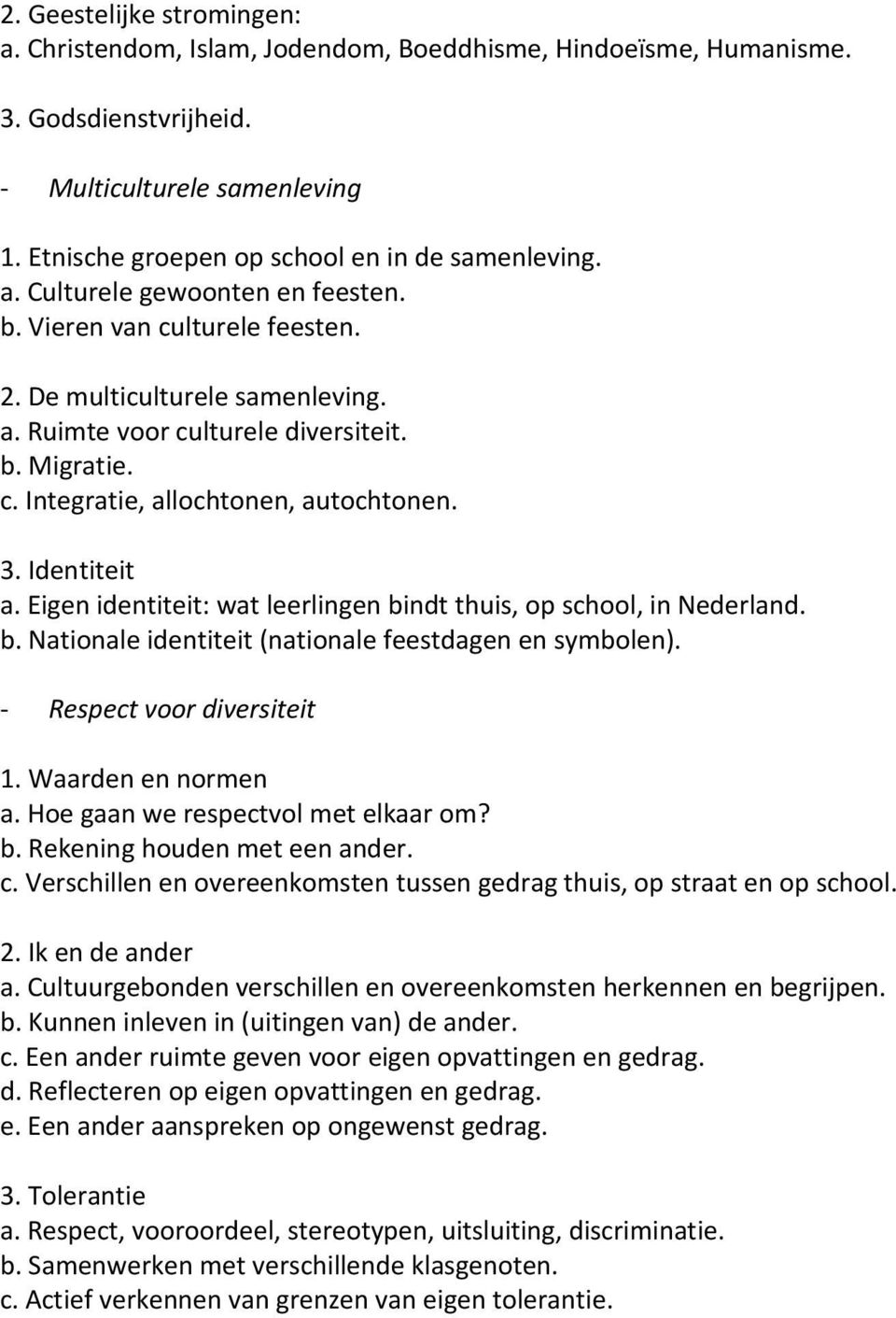 Identiteit a. Eigen identiteit: wat leerlingen bindt thuis, op school, in Nederland. b. Nationale identiteit (nationale feestdagen en symbolen). - Respect voor diversiteit 1. Waarden en normen a.