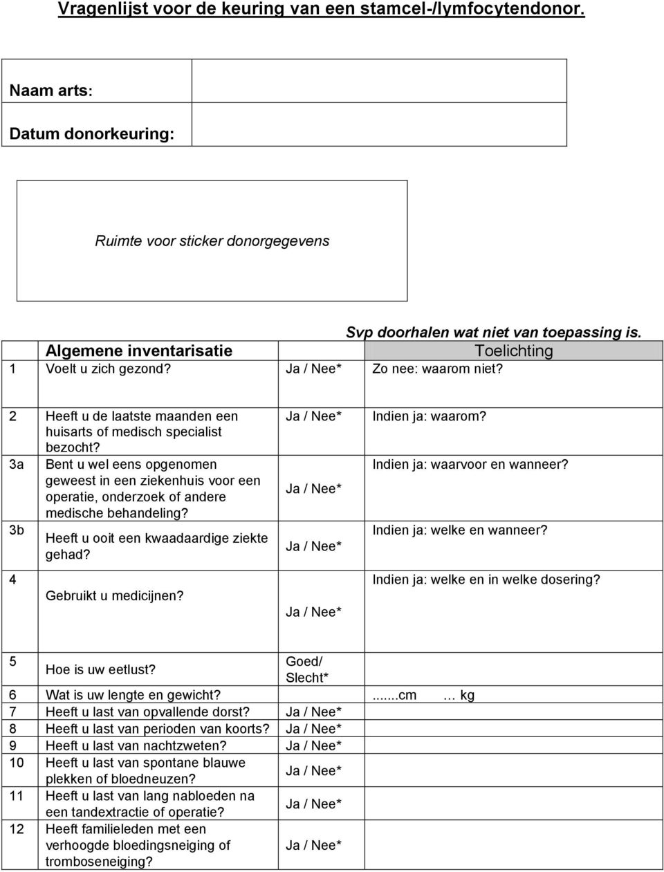 3a Bent u wel eens opgenomen geweest in een ziekenhuis voor een operatie, onderzoek of andere medische behandeling? 3b 4 Heeft u ooit een kwaadaardige ziekte gehad? Gebruikt u medicijnen?