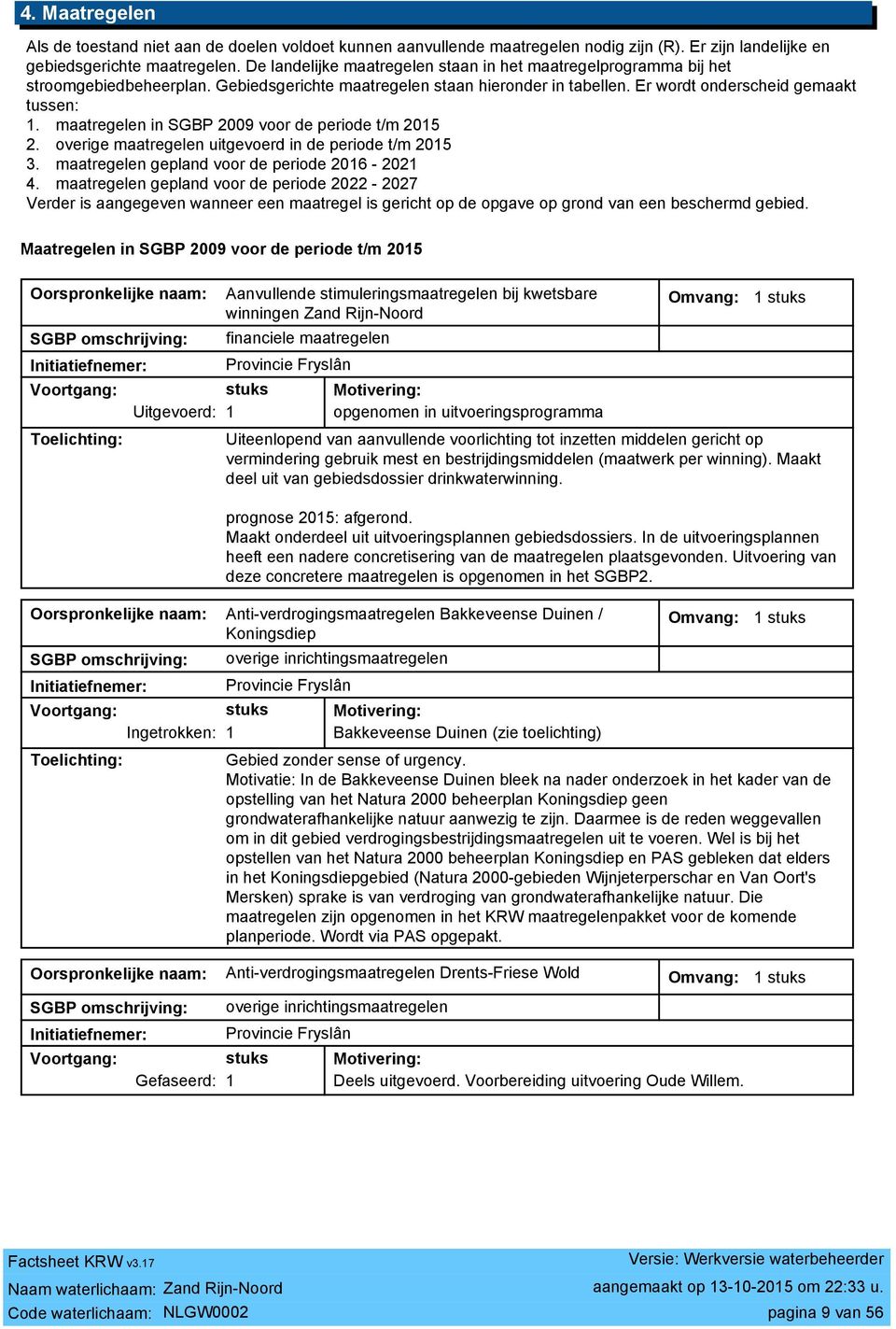 maatregelen in SGBP 009 voor de periode t/m 015. overige maatregelen uitgevoerd in de periode t/m 015. maatregelen gepland voor de periode 016-01 4.