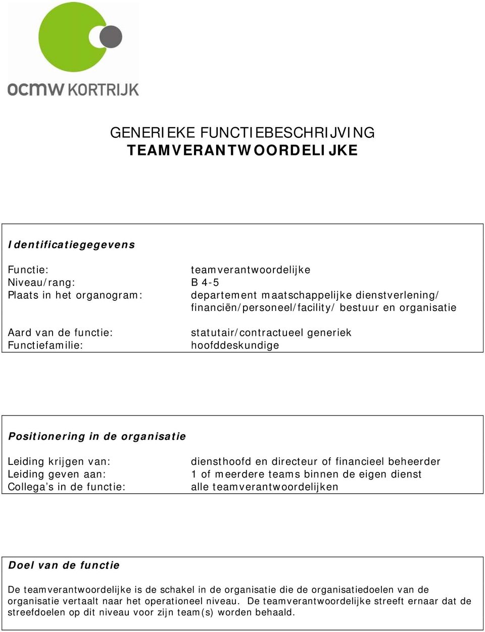 geven aan: Cllega s in de functie: diensthfd en directeur f financieel beheerder 1 f meerdere teams binnen de eigen dienst alle teamverantwrdelijken Del van de functie De teamverantwrdelijke is