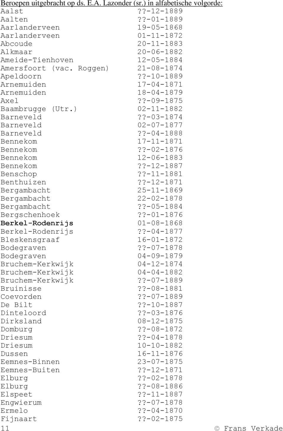 ?-10-1889 Arnemuiden 17-04-1871 Arnemuiden 18-04-1879 Axel??-09-1875 Baambrugge (Utr.) 02-11-1882 Barneveld??-03-1874 Barneveld 02-07-1877 Barneveld??-04-1888 Bennekom 17-11-1871 Bennekom?