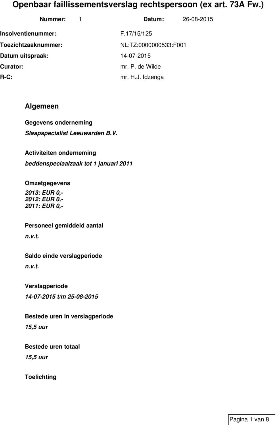 Activiteiten onderneming beddenspeciaalzaak tot 1 januari 2011 Omzetgegevens 2013: EUR 0,- 2012: EUR 0,- 2011: EUR 0,- Personeel