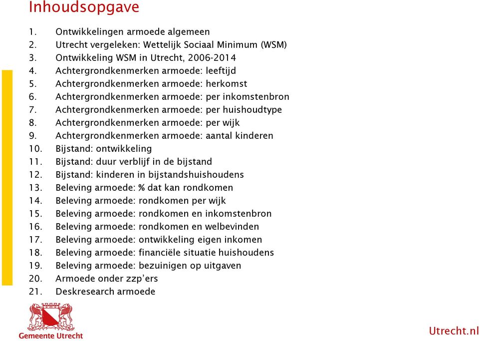 Achtergrondkenmerken armoede: aantal kinderen 10. Bijstand: ontwikkeling 11. Bijstand: duur verblijf in de bijstand 12. Bijstand: kinderen in bijstandshuishoudens 13.