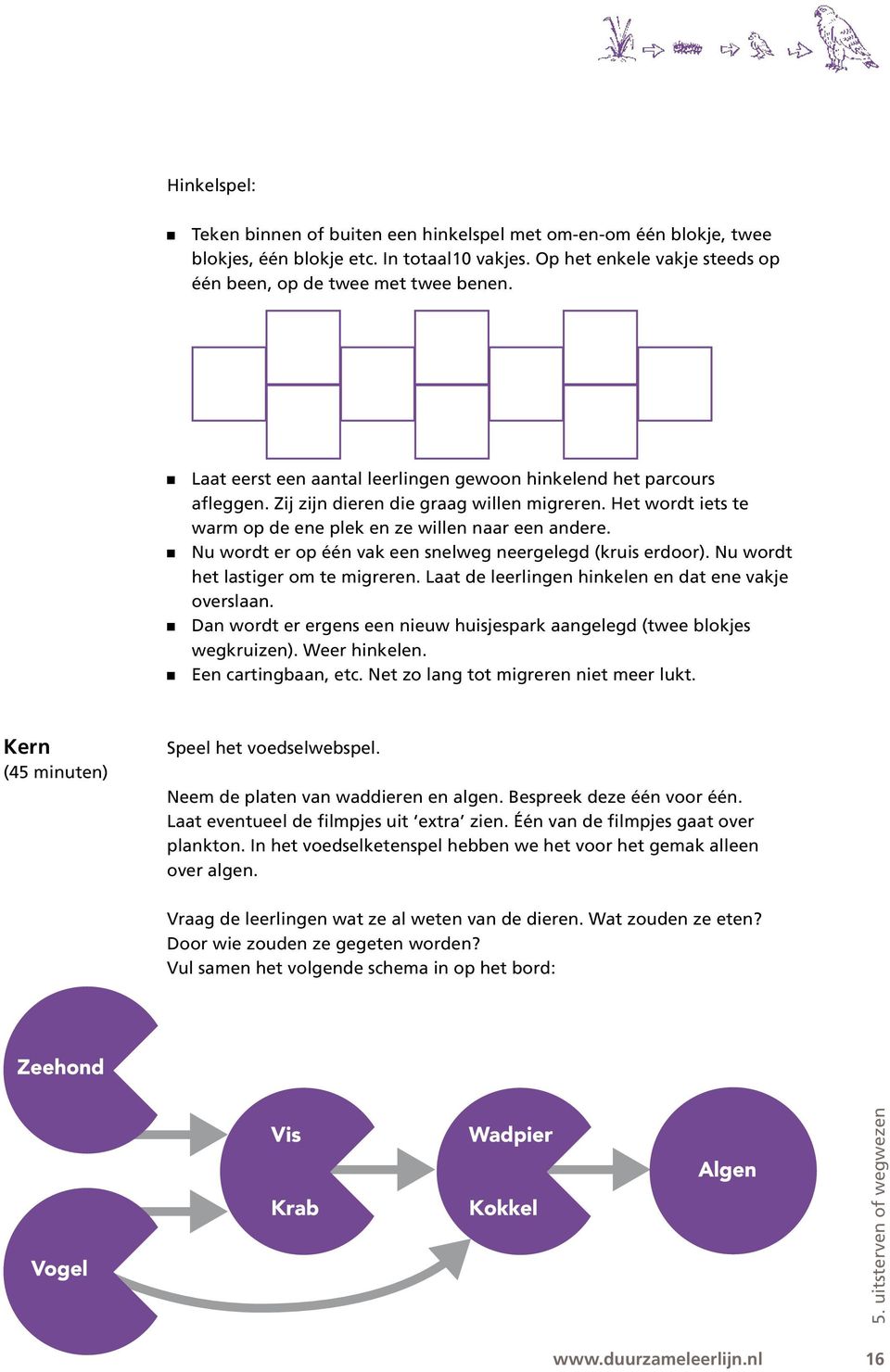 Nu wordt er op één vak een snelweg neergelegd (kruis erdoor). Nu wordt het lastiger om te migreren. Laat de leerlingen hinkelen en dat ene vakje overslaan.